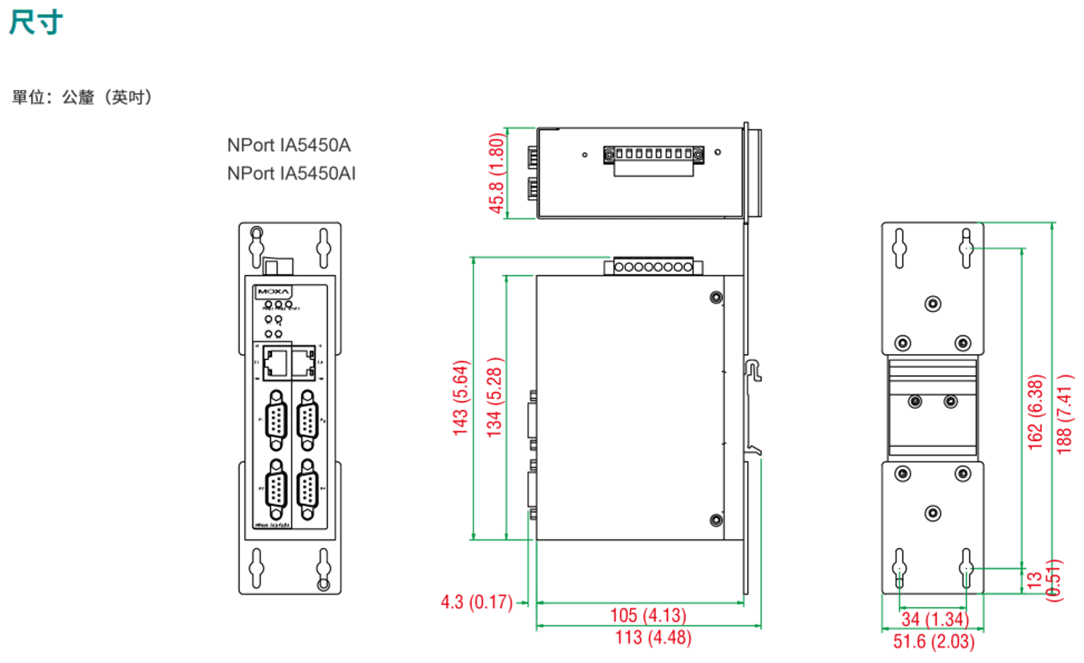 Moxa NPort IA5450A尺寸